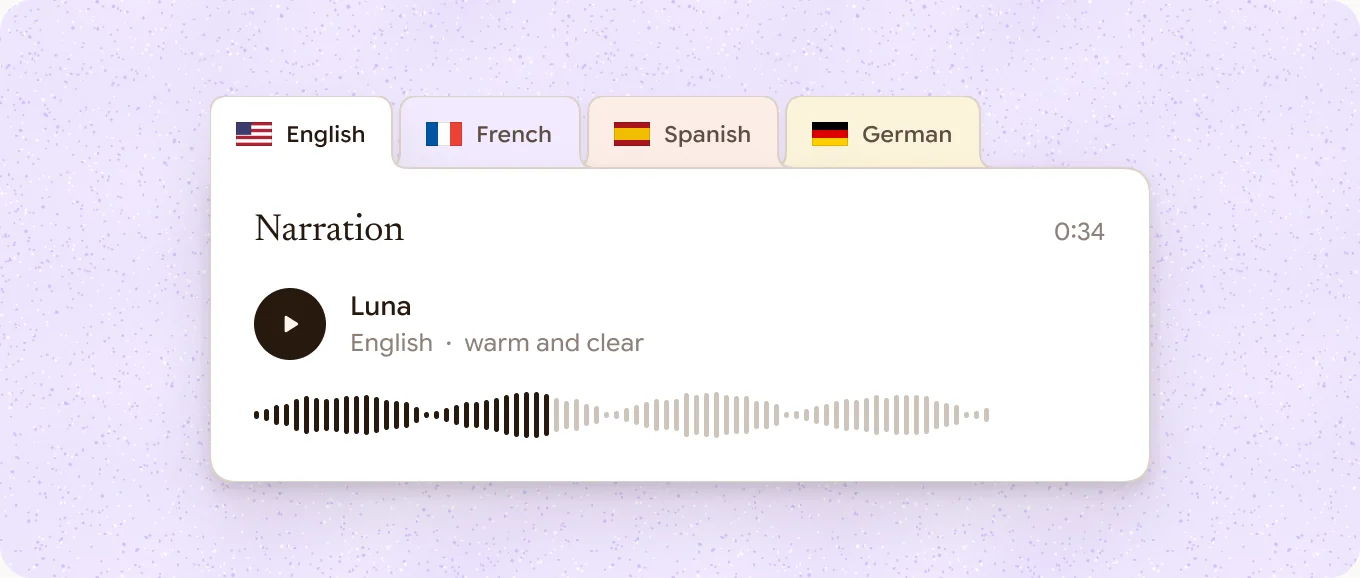 A narration card for the AI voice Luna, warm and clear, in folders for English, French, Spanish and German